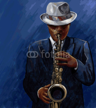 Fototapety saxophonist playing saxophone on a blue background