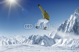 Obrazy i plakaty Jumping Snowboarder in alpine mountains