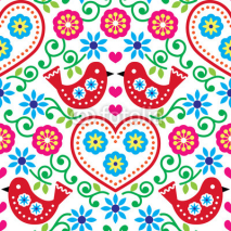 Fototapety Folk art seamless pattern with flowers and birds