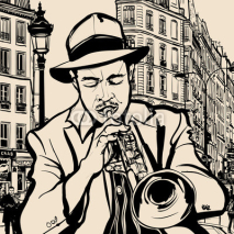 Naklejki trumpet player on a cityscape background