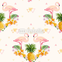 Naklejki Geometric Pineapple and Flamingo Background - Seamless Pattern