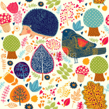 Obrazy i plakaty Autumn seamless pattern with flowers, trees, leaves and crew cut