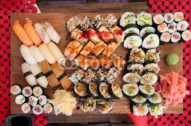 Naklejki Sushi board - assorted nigiri, futomaki, hosomaki food