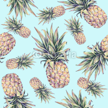 Obrazy i plakaty Pineapples on a light blue background. Watercolor colourful illustration. Tropical fruit. Seamless pattern