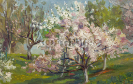 Naklejki Beautiful Original Oil Painting of flowering tree in the summer garden  Landscape On Canvas