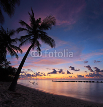 Naklejki Beach with palm trees and swing at sunset, Maldives island