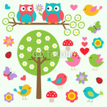 Obrazy i plakaty Birds and owls in spring forest. Vector set