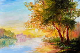 Fototapety Oil painting landscape, river in the spring forest with sunset, afternoon