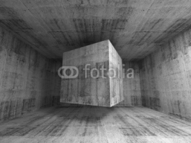 Naklejki Flying cube in abstract 3d concrete room interior