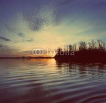 Naklejki river landscape with sunset - vintage retro style
