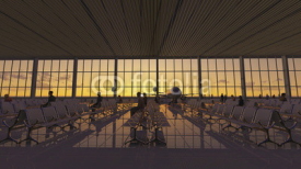 Fototapety Animation of modern airport terminal with white seats and a huge viewing glass facade. Passengers waiting to embark. Beautiful sunrise on the background.