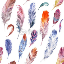Naklejki Colorful watercolor feathers pattern. Ethnic hand drawn motif for wrapping, wallpaper, textile