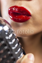 Naklejki Close Up Woman Singing Mouth & Vintage Microphone