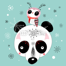 Naklejki winter postcard of a panda and owl