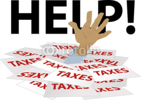 Naklejki Person's hand sticking out of a pile of tax forms, word help on the background, EPS 8 vector illustration