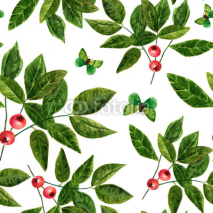 Fototapety Seamless background pattern with watercolor leaves , berries and butterflies