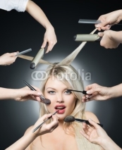 Obrazy i plakaty Portrait beautiful white hair girl with makeup brushes near attr