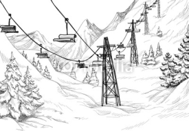 Naklejki Mountain ski lift chairs pencil drawing