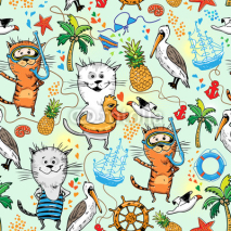 Fototapety summer sea pattern with cats and pelican