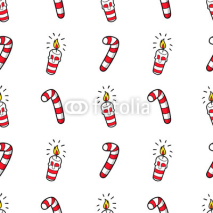 Naklejki Merry Christmas and Happy New Year Seamless Pattern with Christmas Candles and Candies. Winter Holidays Wrapping Paper. Vector background