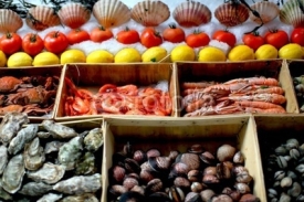 Naklejki Seafood stall with selection of fresh seafood