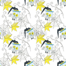 Fototapety Merry halloween. Skeletons, spider web, cartoon characters, seamless pattern