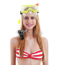 Fototapety Young beautiful woman posing in red striped swimsuit and diving mask, isolated on white
