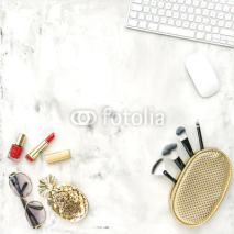 Obrazy i plakaty Fashion accessories cosmetics notebook Flat lay feminine