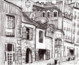 Naklejki Odręcznie malowany rysunek paryskiej kamienicy
