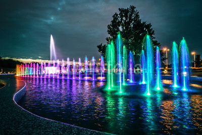 colorful musical fountain in Warsaw