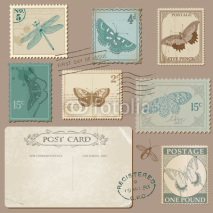 Naklejki Vintage Postcard and Postage Stamps with Butterflies