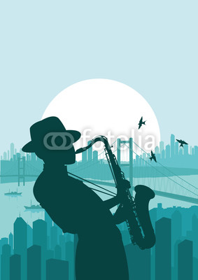 Saxophone player in skyscraper city landscape