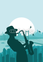 Obrazy i plakaty Saxophone player in skyscraper city landscape