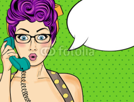 Fototapety Pop art  woman chatting on retro phone . Comic woman with speech