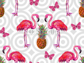 Naklejki Summer jungle pattern with tropical butterflies, flamingo and pineapple vector background. Beautiful exotic pattern. Perfect for wallpaper, pattern fill, web page background, surface textures, textile