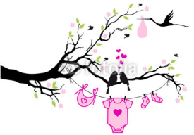 Naklejki baby girl with birds on tree, vector