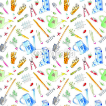 Obrazy i plakaty Village image with garden plants and tools seamless pattern.Drawing with berries,flowers,vegetables,watering can,spade,rubber boots,rake,carrots.Watercolor hand drawn illustration.White background.