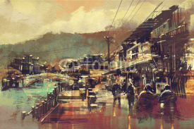 Fototapety painting of village with a bridge and old buildings