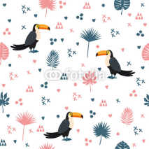 Obrazy i plakaty Seamless pattern with toucan and leaves. Cute background with de