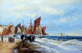 Naklejki Fishing boats, oil paintings.