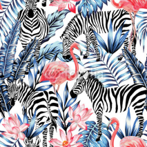 Fototapety watercolor flamingo, zebra and palm leaves tropical pattern 