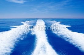 Fototapety Boat wake prop wash on blue ocean sea