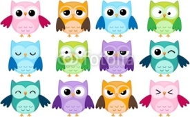 Fototapety Set of 12 cartoon owls with various emotions
