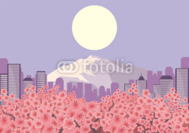 Obrazy i plakaty Beautiful spring landscape with the blossoming Oriental cherry. Vector background.