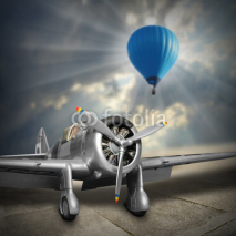 Naklejki Old aircraft and hot air baloon. Retro style picture on aviation theme.