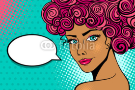 Naklejki Pop art female face. Sexy sun-tanned young woman with pink curly hair, smile watching from behind and empty speech bubble. Vector bright background in pop art retro comic style. Invitation poster.