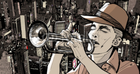 Naklejki trumpeter over a cityscape background