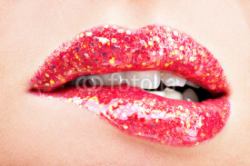 Naklejki beautiful female lips with shiny red gloss lipstick