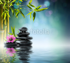 Fototapety tower black stone and hibiscus with bamboo on the water