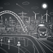 Obrazy i plakaty Vector lines train on the bridge, background of the light city